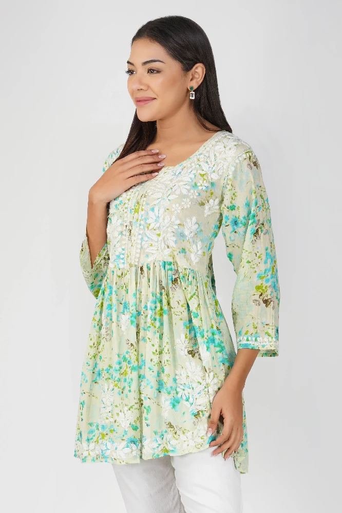 Green Short Malmal  Cotton Chikankari Gown-4.webp